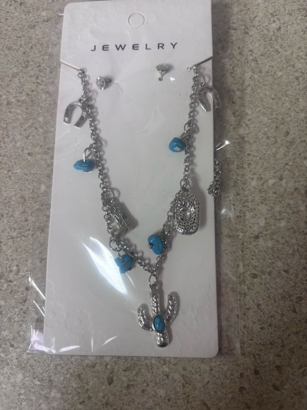Silver-tone Turquoise Charm Necklace & Earrings Set